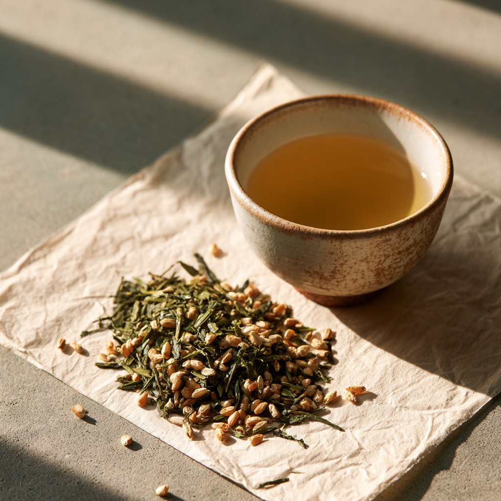 玄米茶の茶葉と一杯